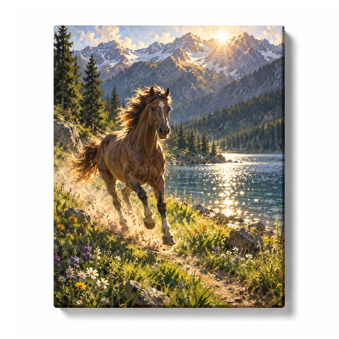 Sunlit Horse beside a Sparkling Alpine Lake
