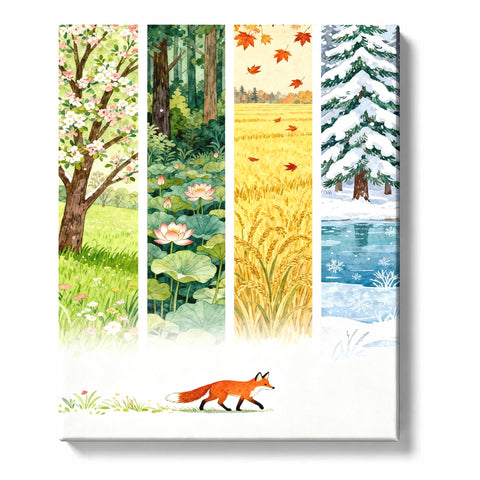 Four Season Forest Panels with Walking Fox Paint by Numbers Kit For Adults