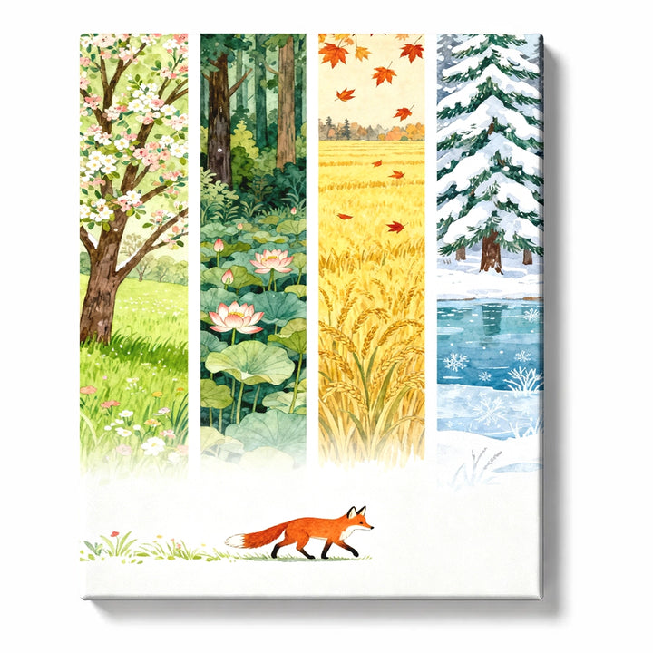 Four Season Forest Panels with Walking Fox Paint by Numbers Kit For Adults