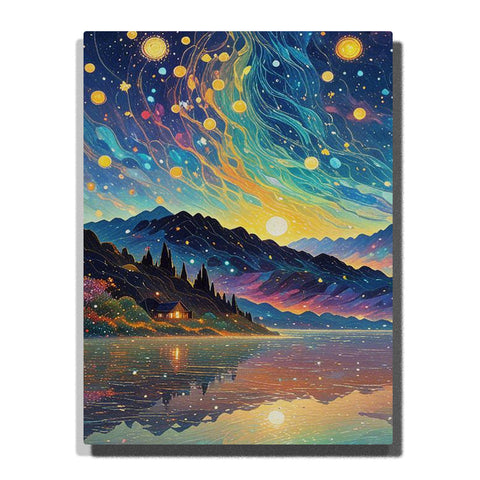 Paint by numbers kit featuring starry night sky with mountain reflections