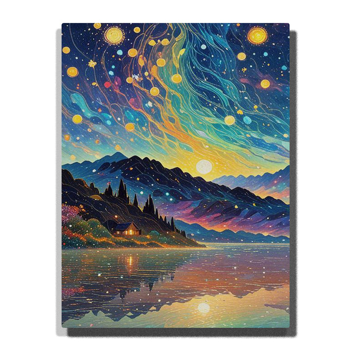 Paint by numbers kit featuring starry night sky with mountain reflections