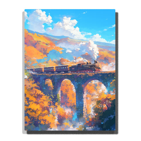 Steam train crossing a stone viaduct above bright autumn trees and rolling hills under a blue sky, landscape paint by numbers wall art by PaintEasy