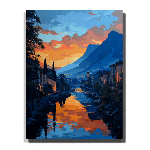 Mountain canal at sunset with golden water reflections, shadowed village houses, and layered blue peaks, landscape paint by numbers wall art by PaintEasy