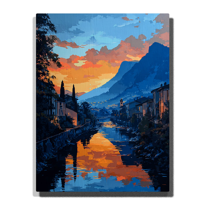 Mountain canal at sunset with golden water reflections, shadowed village houses, and layered blue peaks, landscape paint by numbers wall art by PaintEasy