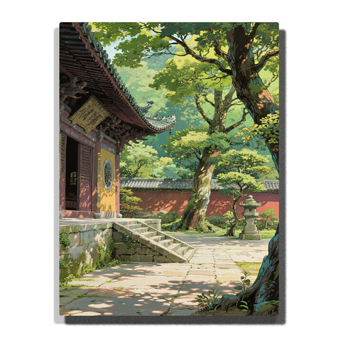 Paint by numbers kit featuring traditional temple courtyard with tree, stone path, and sunlight in peaceful garden