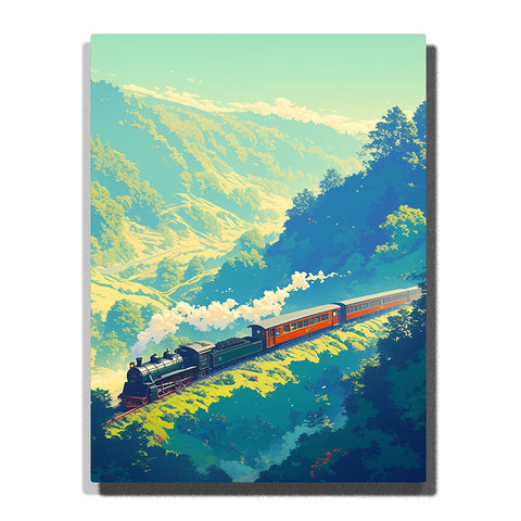 Steam train with red carriages along a sunlit green mountain slope with white steam and layered blue hills, landscape paint by numbers wall art by PaintEasy