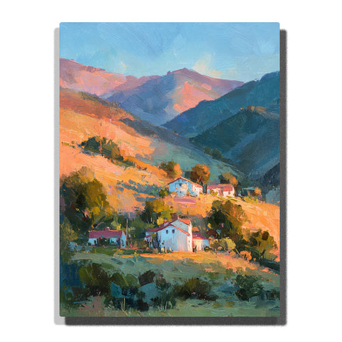 Sunlit hillside farmhouses with red roofs, golden fields, green trees, and layered blue mountain ridges, landscape paint by numbers wall art by PaintEasy