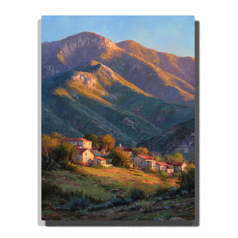 Mountain village with terracotta roof houses beneath sunlit green slopes and rocky peaks, landscape paint by numbers wall art by PaintEasy