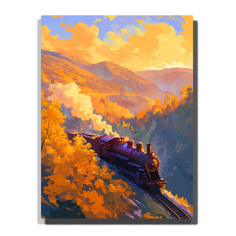 Steam train through golden autumn hills with white steam, glowing trees, and layered sunset mountains, landscape paint by numbers wall art by PaintEasy
