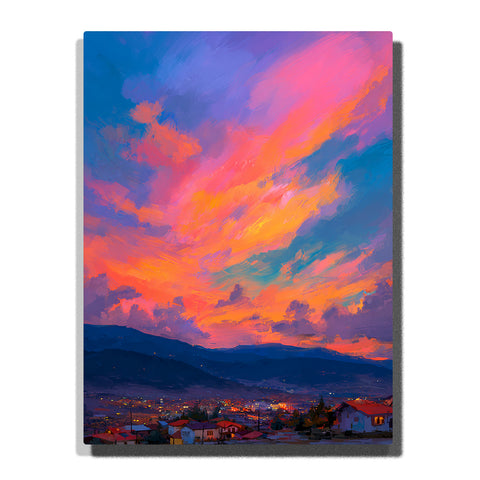 Blazing pink and orange sky above dark hills and a glowing valley town, landscape paint by numbers wall art by PaintEasy