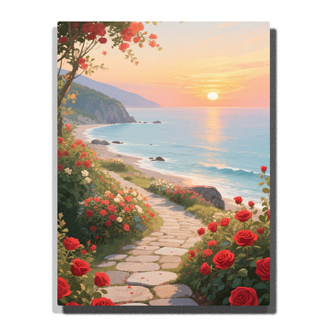 Paint by numbers kit featuring coastal path with red flowers leading to sunset ocean view and cliffs