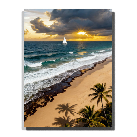 Sunset beach with white sailboat, palm tree shadows, rolling ocean waves, golden sky, storm clouds, sandy shore, and coastal paint by numbers wall art.
