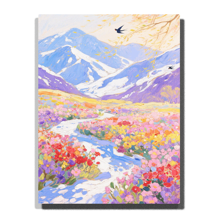 Paint by numbers kit featuring vibrant flower valley with snowy mountains and winding stream