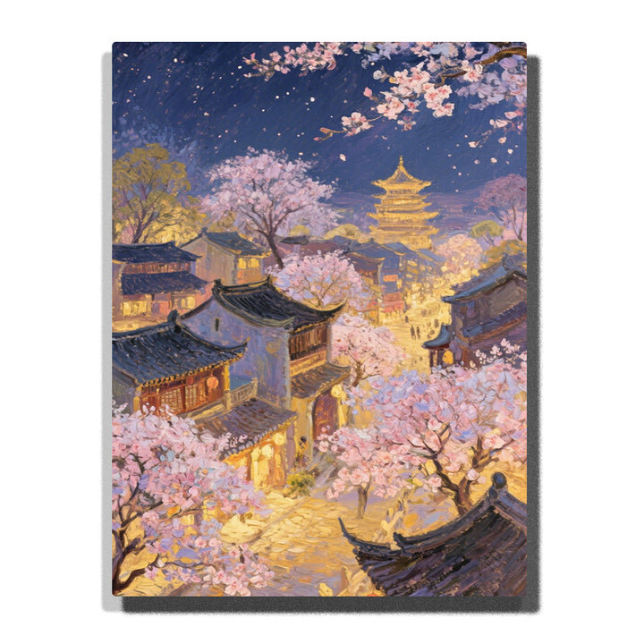 Paint by numbers kit featuring nighttime cherry blossom street with traditional Chinese architecture, lanterns, and pagoda under the stars