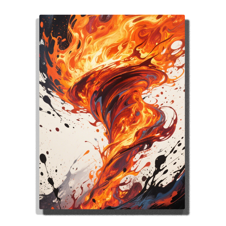 Fiery spiral storm with orange flames, red vortex curves, black ink splashes, yellow highlights, and white background, PaintEasy Paint by Numbers kit.