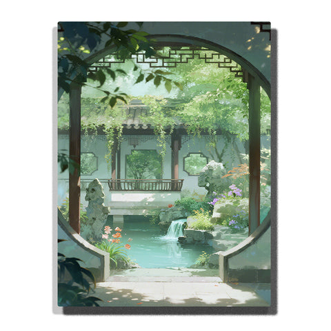 Paint by numbers kit featuring tranquil Chinese garden with waterfall and blooming flowers