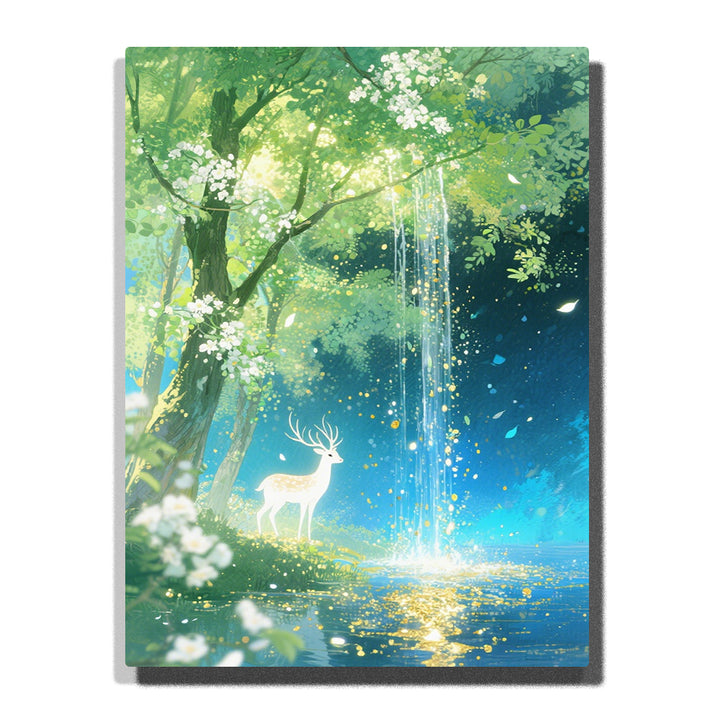 Paint by numbers kit featuring white deer in forest with sunlight stream and glowing water reflection