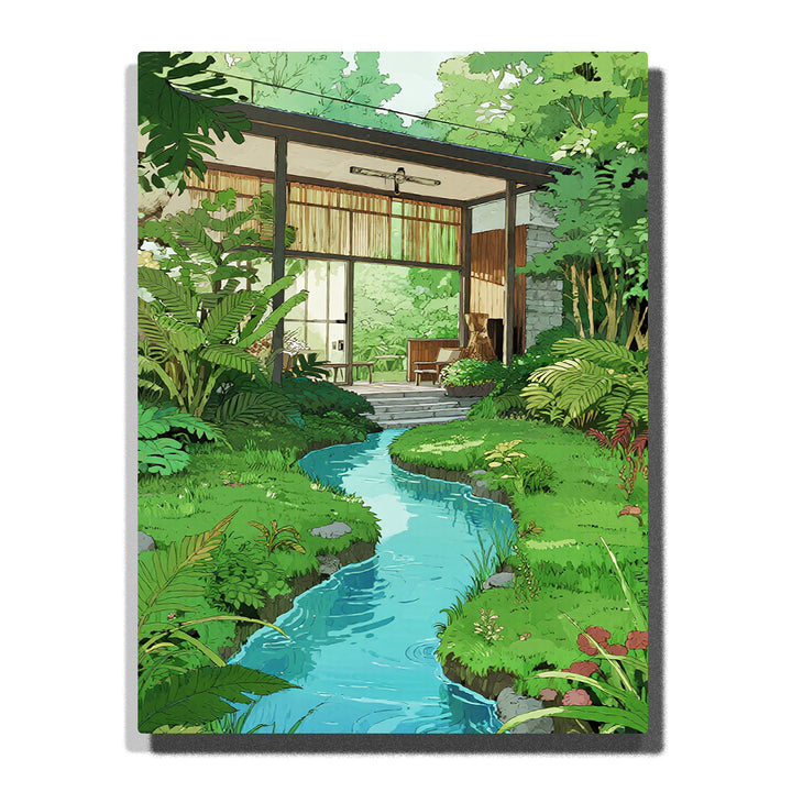 Paint by numbers kit featuring garden stream leading to traditional house with lush greenery and courtyard