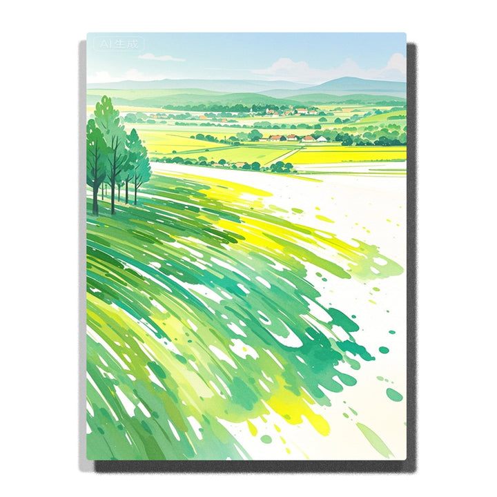 Paint by numbers kit featuring abstract green fields with brushstroke texture and distant hills in modern landscape style