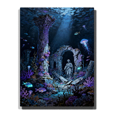 Sunken ancient ruins underwater with stone statue, broken columns, glowing fish, jellyfish, purple coral, and blue light beams.