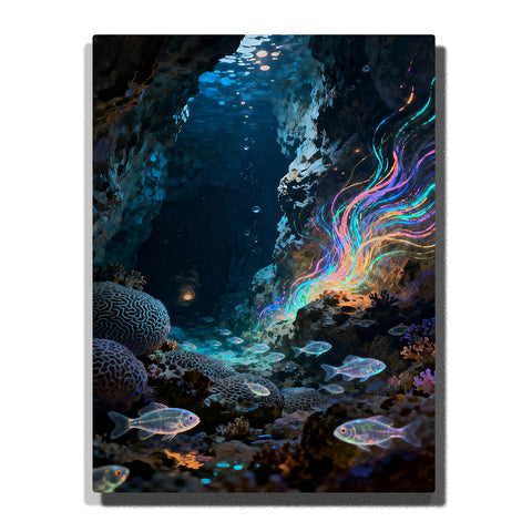 Glowing underwater cave landscape with silver fish, dark rocky walls, coral reef textures, blue water reflections, and colorful light strands.