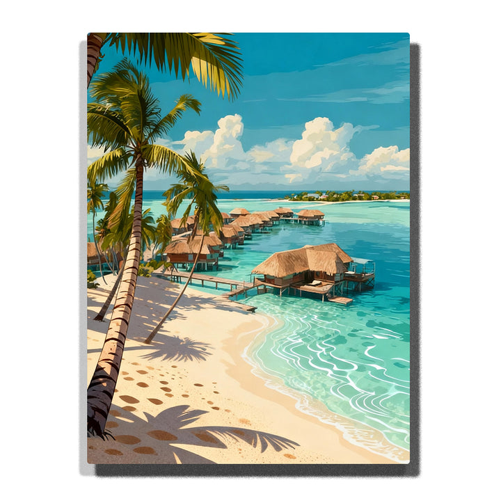 Tropical lagoon with overwater bungalows, palm beach, turquoise water, white sand, palm tree shadows, blue sky, and coastal paint by numbers wall art.