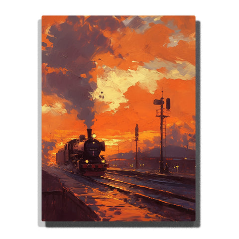 Steam train with glowing headlamp on wet railway tracks beneath a burning orange sky and rising smoke, landscape paint by numbers wall art by PaintEasy