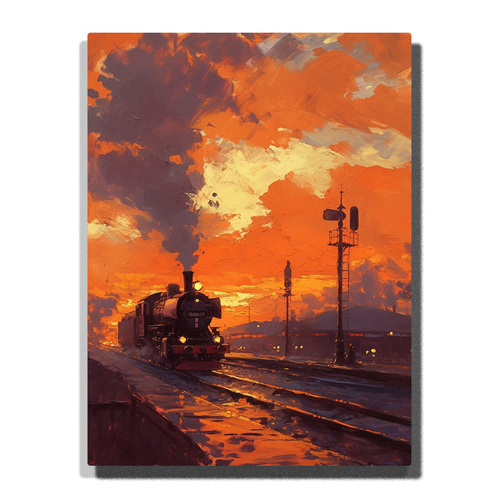 Steam train with glowing headlamp on wet railway tracks beneath a burning orange sky and rising smoke, landscape paint by numbers wall art by PaintEasy