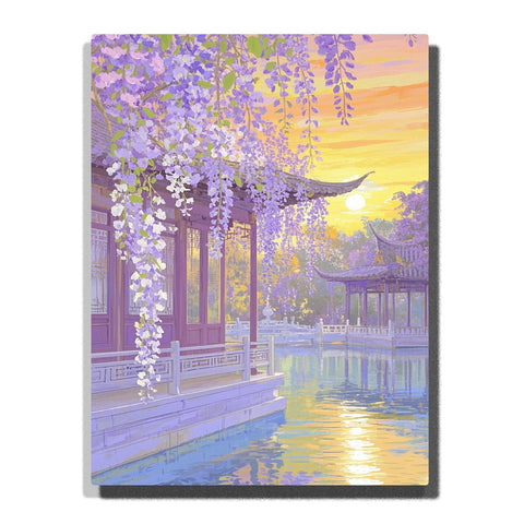Paint by numbers kit featuring serene Chinese garden with cascading wisteria and water reflections