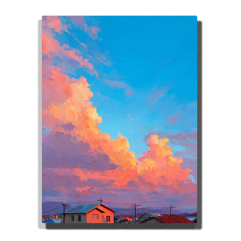 Peach and pink cloud towers above quiet rooftops under a bright blue sky, landscape paint by numbers wall art by PaintEasy