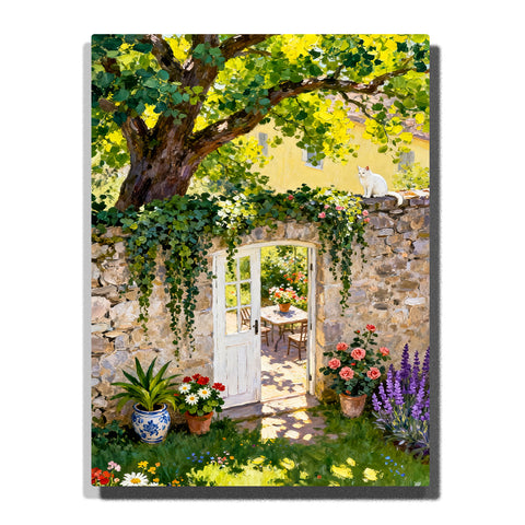 Paint by numbers kit featuring sunlit garden gate with stone wall, flowers, and cozy courtyard entrance