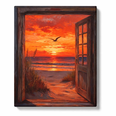 Open wooden doorway facing a red ocean sunset with dark waves, glowing shoreline reflection, beach grass silhouettes, and a flying bird, PaintEasy Paint by Numbers kit.