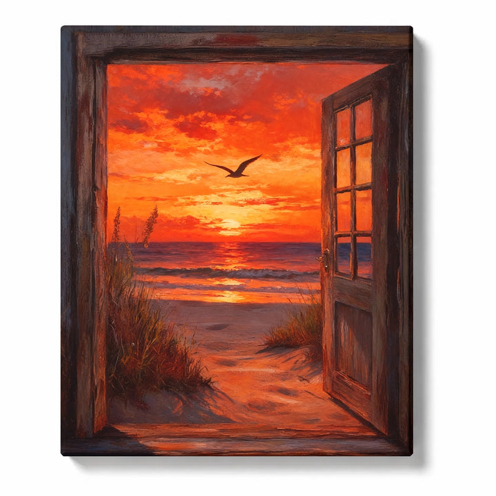 Open wooden doorway facing a red ocean sunset with dark waves, glowing shoreline reflection, beach grass silhouettes, and a flying bird, PaintEasy Paint by Numbers kit.