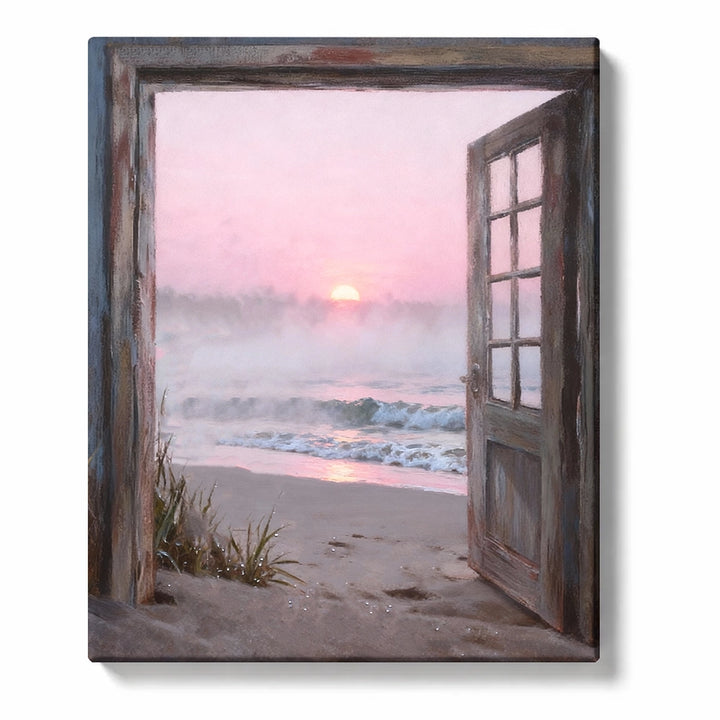 Weathered wooden doorway opening to a misty pink shore sunrise with pale waves, sandy beach, soft sea fog, and low glowing sun, PaintEasy Paint by Numbers kit.