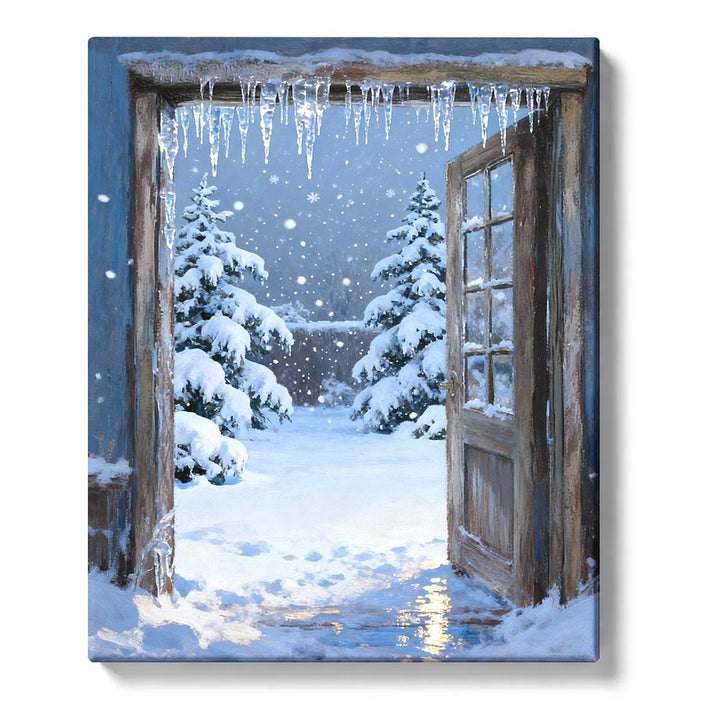 Open wooden door to snowy forest with hanging icicles, falling snow, frosted pine trees, warm threshold light, and landscape paint by numbers wall art.