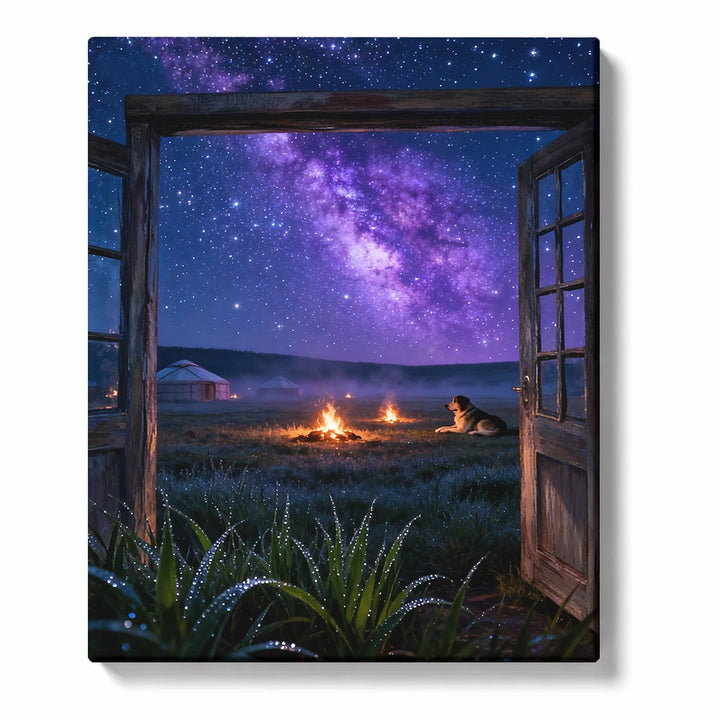 Open wooden doorway framing a Milky Way campfire meadow with purple starry sky, glowing fires, distant tents, resting dog, and dew-covered plants, PaintEasy Paint by Numbers kit.