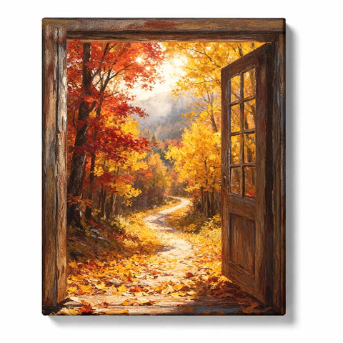 Open wooden doorway framing a golden autumn forest path with red maple leaves, yellow trees, fallen foliage, and soft misty light, PaintEasy Paint by Numbers kit.