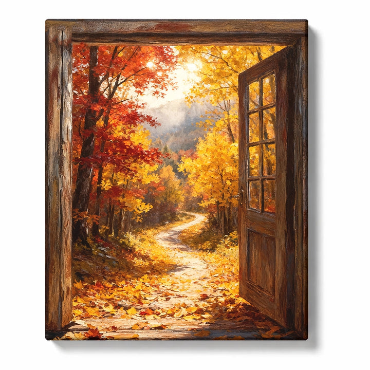Open wooden doorway framing a golden autumn forest path with red maple leaves, yellow trees, fallen foliage, and soft misty light, PaintEasy Paint by Numbers kit.