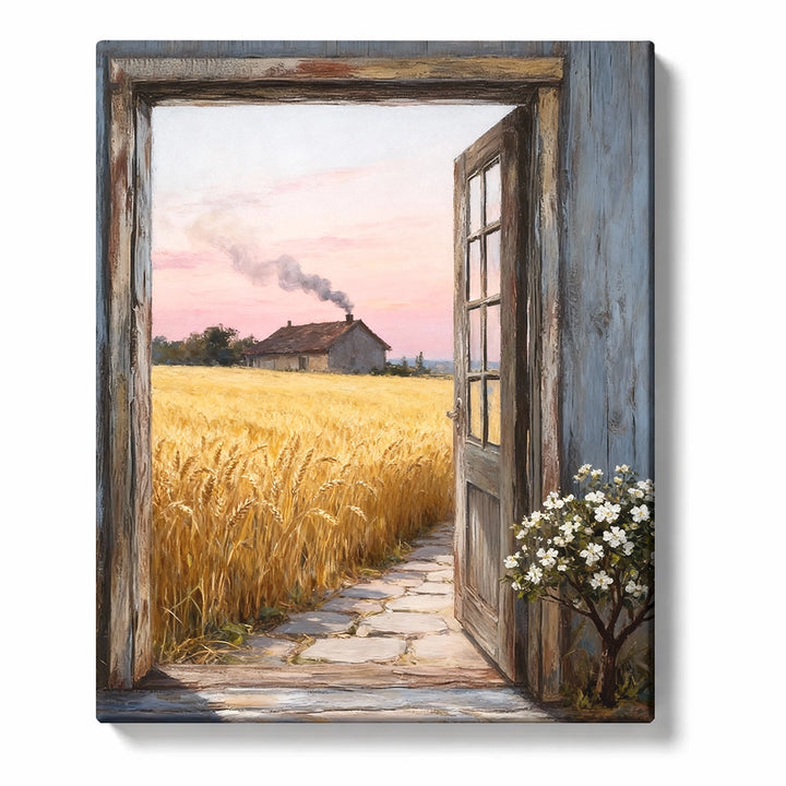 Weathered open doorway looking onto a golden wheat field with stone path, distant farmhouse, smoke trail, pale pink sky, and white flowers, PaintEasy Paint by Numbers kit.