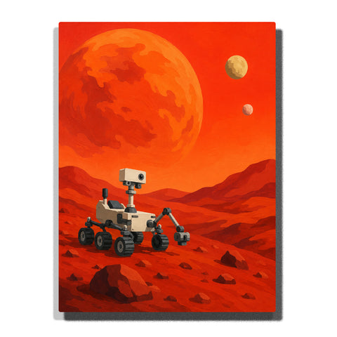 Mars rover exploring red planet landscape with orange sky, giant moon, rocky terrain, distant mountains and futuristic space scenery Paint by Numbers by PaintEasy