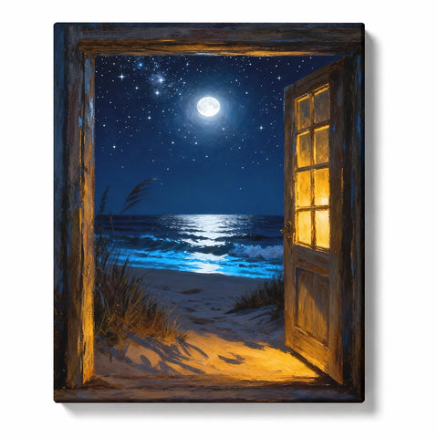 Open wooden doorway facing a moonlit night beach with full moon, starry sky, blue ocean waves, golden doorlight, and beach grass shadows, PaintEasy Paint by Numbers kit.