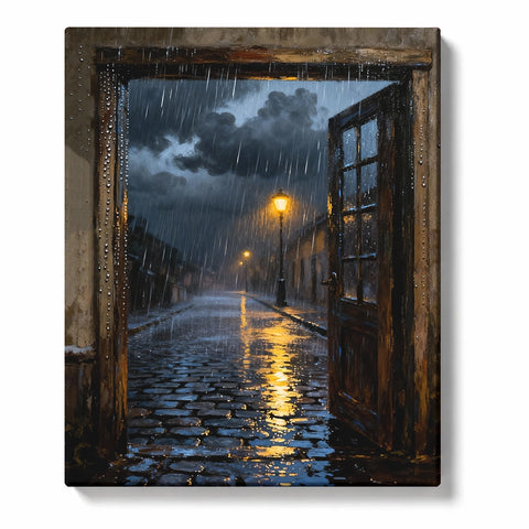 Open wooden door to rainy cobblestone street with glowing lamp reflections, falling rain, storm clouds, wet pavement, and landscape paint by numbers wall art.