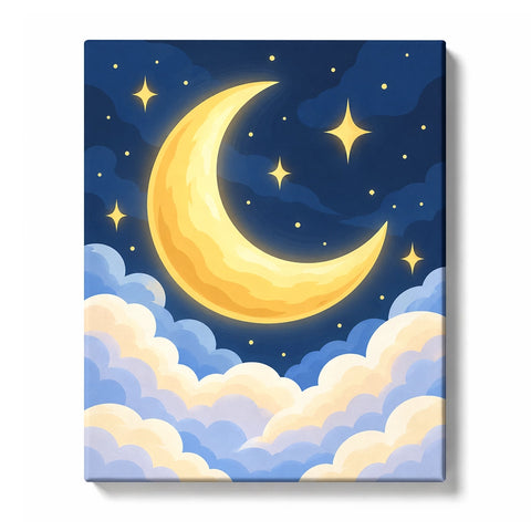Golden Crescent Moon with Stars Above Soft Clouds
