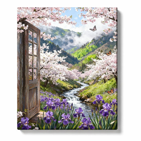 Open wooden door to cherry blossom valley stream with purple irises, butterflies, misty green mountains, spring flowers, and landscape paint by numbers wall art.