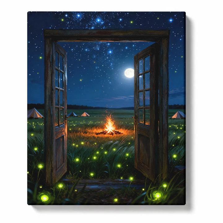 Open double wooden doorway framing a moonlit campfire meadow with green fireflies, starry sky, distant tents, glowing grass, and full moon, PaintEasy Paint by Numbers kit.