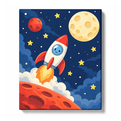 Cartoon Rocket Launching into Space with Moon and Stars
