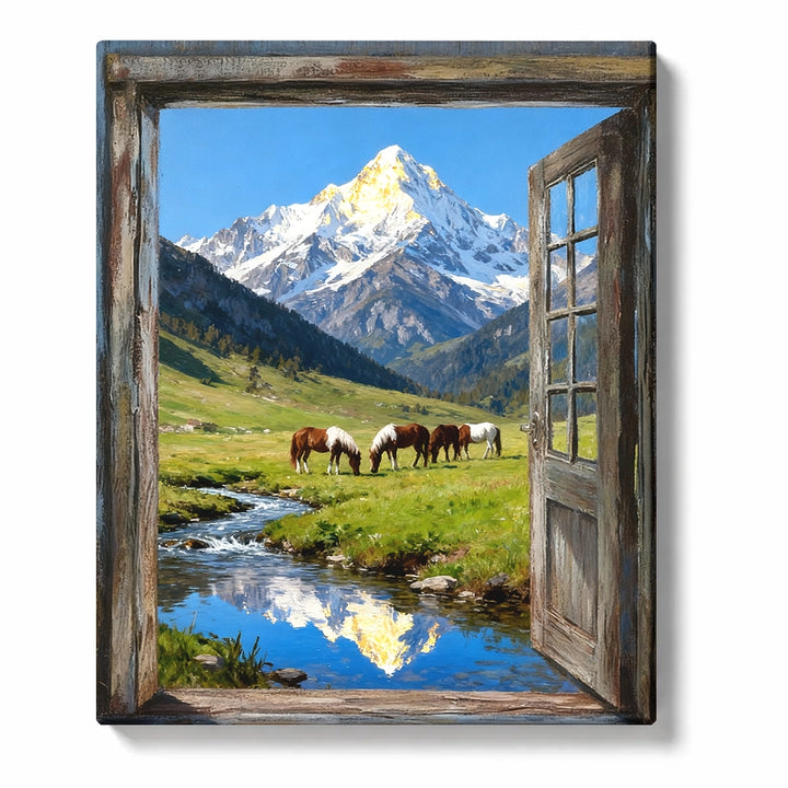 Open wooden door to snowy mountain valley with grazing horses, green meadow, flowing stream, reflected peak, blue sky, and landscape paint by numbers wall art.