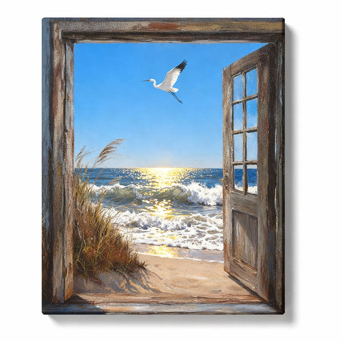 Weathered wooden doorway opening to sunlit ocean waves with golden water reflection, sandy beach, dune grass, blue sky, and flying white heron, PaintEasy Paint by Numbers kit.