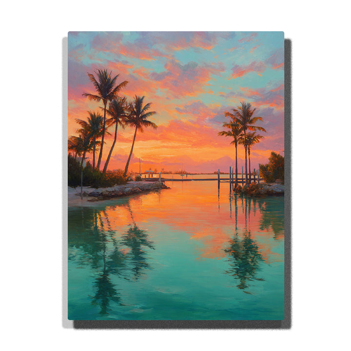 Twin palm reflections across a coral-lagoon sunset with glowing tropical water, mirrored shoreline silhouettes, and vivid sky light, landscape paint by numbers wall art by PaintEasy
