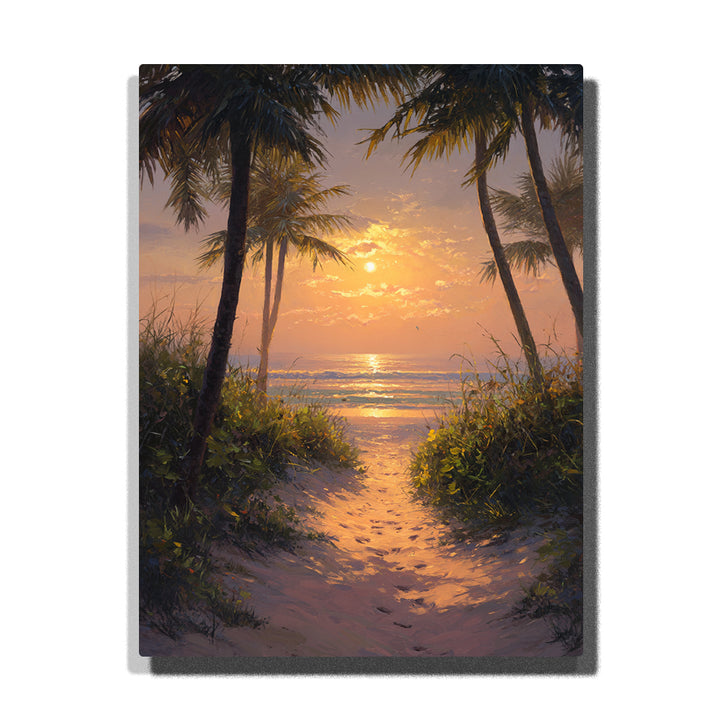 Palm shadow path leading to a honey-gold sea sunset with tropical foliage, glowing surf, and framed beach opening, landscape paint by numbers wall art by PaintEasy